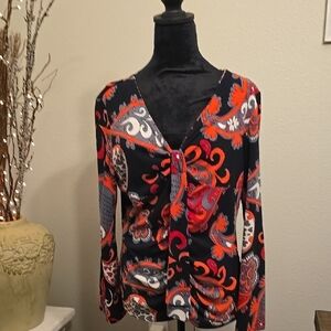 Vibrant Red Long Sleeve Blouse with Tie Front and Graphic Design